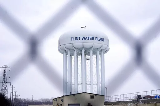 The Flint water plant tower is pictured on Jan. 6, 2022, in Flint, Mich. A judge dismissed criminal charges against former Michigan Gov. Rick Snyder in the Flint water crisis, months after the state Supreme Court said indictments returned by a one-person grand jury were invalid. (AP Photo/Carlos Osorio, File)