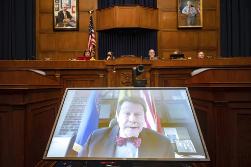 Food and Drug Administration Commissioner Robert Califf testifies via video during a House Commerce Oversight and Investigations subcommittee hybrid hearing on the nationwide baby formula shortage on Wednesday, May 25, 2022, in Washington. (AP Photo/Kevin Wolf)