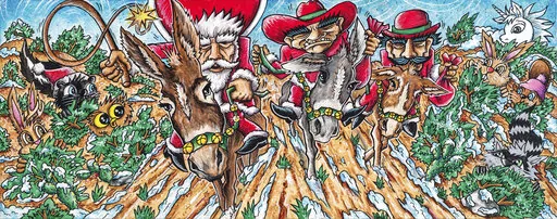 This image provided by Museum of New Mexico Press, shows illustrations in the newly published children's book titled "New Mexico Christmas Story," from Museum of New Mexico Press. The book is written by Rudolfo Anaya with artwork by El Moises and a Spanish translation from Enrique Lamadrid. An author known as the father of Chicano literature left behind a children's tale about Christmas in the American Southwest when he died in 2020 of natural causes. The bilingual tale from Rudolfo Anaya is bei