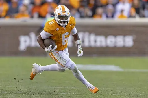 Tennessee running back Dylan Sampson (63 runs for yardage during the second half of an NCAA college football game against UTEP, Saturday, Nov. 23, 2024, in Knoxville, Tenn. (AP Photo/Wade Payne)
