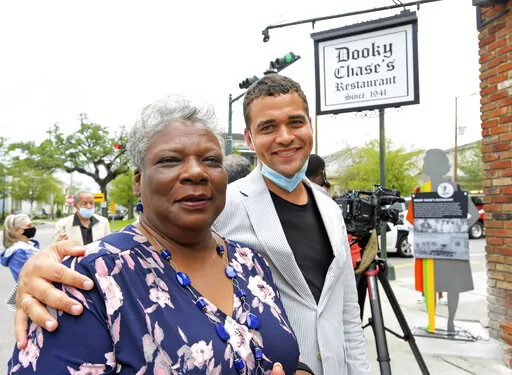 Leona Tate, left, who is known as one of the McDonogh Three who first integrated McDonogh No. 19, stands with artist Ernest M. English who helped design the historical marker unveiled outside of Dooky Chase's Restaurant on Orleans Avenue that honors significant locations in the Civil Rights movement in New Orleans, Monday, May 3, 2021. Dooky Chase's Restaurant was honored because it was a common meeting point for leaders of the Civil Rights movement during the era of segregation. The Louisiana C