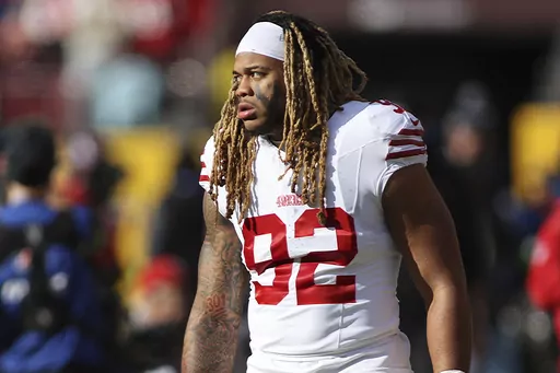 San Francisco 49ers defensive end Chase Young looks on before an NFL football game against the Washington Commanders, Dec. 31, 2023, in Landover, Md. The New Orleans Saints have agreed to terms of a one-year contract with free agent Young. The contract agreement, announced Monday, March 18, 2024, by Saints general manager Mickey Loomis, provides reinforcements to an edge pass rush that often struggled to get pressure last season. (AP Photo/Daniel Kucin Jr., File)