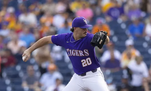 LSU starting pitcher Paul Skenes throws against Tennessee in the first inning of a baseball game at the NCAA College World Series in Omaha, Neb., on Saturday, June 17, 2023. (AP Photo/Rebecca S. Gratz)