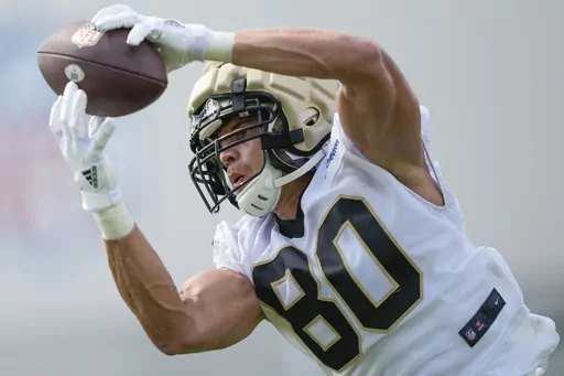 New Orleans Saints tight end Jimmy Graham (80) pulls in a pass at the team's NFL football training camp in Metairie, La., Wednesday, July 26, 2023. (AP Photo/Gerald Herbert)