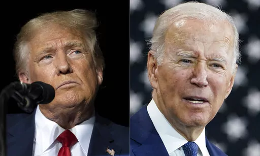 This combination of photos shows former President Donald Trump, left, and President Joe Biden, right. This year’s midterm elections are playing out as a strange continuation of the last presidential race — and a potential preview of the next one. (AP Photo/File)