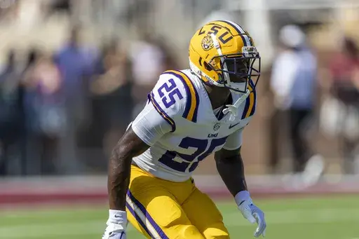 LSU safety Javien Toviano (25) during an NCAA football game, Sept. 16, 2023, in Starkville, Miss. Toviano surrendered to authorities Sunday, July 21, 2024, on charges of video voyeurism, the East Baton Rouge Parish sheriff's office said. (AP Photo/Vasha Hunt, File)