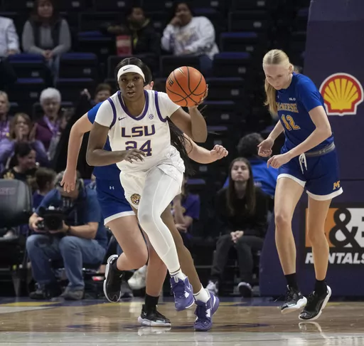 LSU guard Aneesah Morrow drives the ball down the court after securing a rebound during an NCAA basketball game against McNeese, Tuesday, Dec. 12, 2023, in Baton Rouge, La. (Hilary Scheinuk/The Advocate via AP)