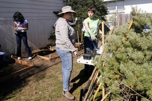 Food Justice Club leader and Lick-Wilmerding High School senior Lucy, right, talks with junior and senior class Dean and Food Justice club moderator Kindra Briggs as students work during a garden maintenance session at the high school in San Francisco, Wednesday, March 9, 2022. (AP Photo/Jeff Chiu)