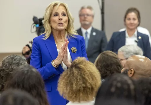 First lady Jill Biden thanks the medical staff at the end of her visit to the Louisiana Cancer Research Center, Friday, March 10, 2023 in New Orleans. First lady Jill Biden visited a medical center in New Orleans on Friday to stress the importance of cancer research, a priority in the budget proposal President Joe Biden sent to Congress.(Chris Granger/The Times-Picayune/The New Orleans Advocate via AP)