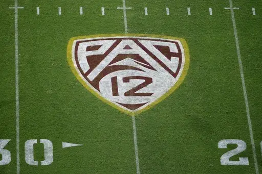 The Pac-12 logo at Sun Devil Stadium during the second half of an NCAA college football game between Arizona State and Kent State in Tempe, Ariz., Aug. 29, 2019. (AP Photo/Ralph Freso, File)