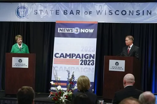 Wisconsin Supreme Court candidates Republican-backed Dan Kelly and Democratic-supported Janet Protasiewicz participate in a debate Tuesday, March 21, 2023, in Madison, Wis. The winner of the high stakes contest between Kelly and Protasiewicz will determine majority control of the court headed into the 2024 presidential election. (AP Photo/Morry Gash, File )