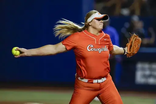 Oklahoma St. starting pitcher Lexi Kilfoyl (8) throws during an NCAA softball Women's College World Series game against Florida, May 30, 2024, in Oklahoma City. (AP Photo/Brandon Wade, File)