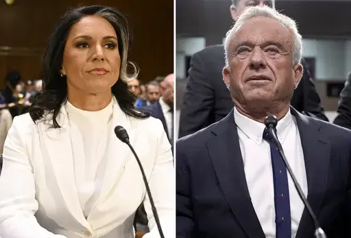 This combination photo shows Tulsi Gabbard, nominee for Director of National Intelligence, left, pictured Jan. 30, 2025, and Robert F. Kennedy Jr., nominee for Secretary of Health and Human Services, pictured Jan. 29, 2025, at their confirmation hearings on Capitol Hill in Washington. (AP Photo)