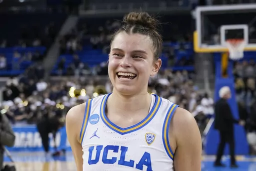 UCLA forward Gabriela Jaquez smiles after the team's victory against California Baptist in a first-round college basketball game in the women's NCAA Tournament, Saturday, March 23, 2024, in Los Angeles. (AP Photo/Ryan Sun)
