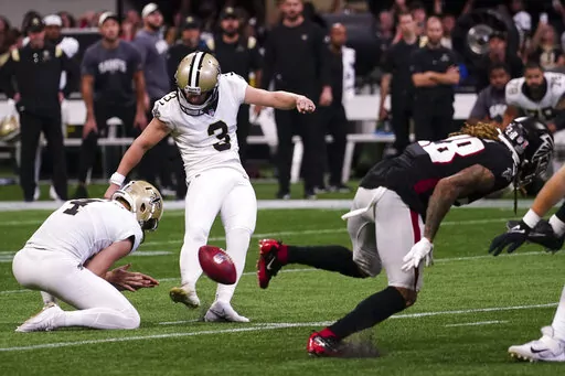 during the second half of an NFL football game, Sunday, Sept. 11, 2022, in Atlanta. The New Orleans Saints won 27-26. (AP Photo/John Bazemore)