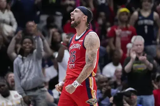 New Orleans Pelicans guard Jose Alvarado reacts in the second half of an NBA basketball play-in tournament game against the Sacramento Kings in New Orleans, April 19, 2024. (AP Photo/Gerald Herbert, File)