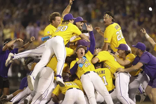 LSU celebrates after defeating Florida 18-4 in Game 3 to win the NCAA College World Series baseball final in Omaha, Neb., Monday, June 26, 2023. The NCAA baseball tournament opens Friday, May 31, 2024, with play in 16 double-elimination regionals.(AP Photo/Rebecca S. Gratz, File)