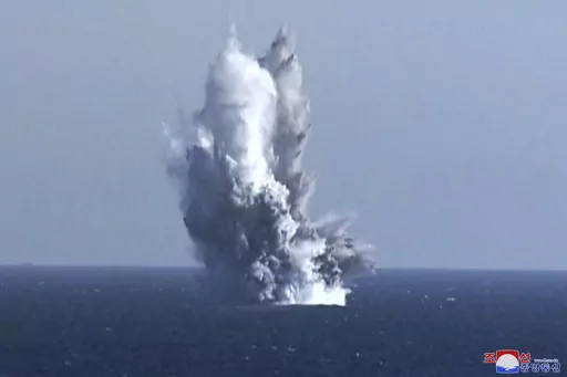 This photo provided by the North Korean government, shows what it says is an underwater blast of test warhead loaded to an unmanned underwater nuclear attack craft "Haeil" during an exercise around Hongwon Bay in waters off North Korea's eastern coast Thursday, March 23, 2023. Independent journalists were not given access to cover the event depicted in this image distributed by the North Korean government. The content of this image is as provided and cannot be independently verified. Korean lang