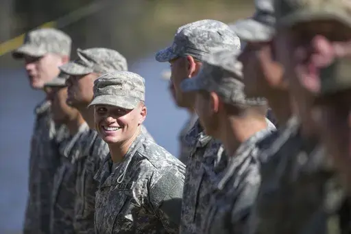 Maj. Lisa Jaster, center, the first Army Reserve female to graduate the Army's Ranger School, stands in formation with other Rangers during an Army Ranger school graduation ceremony, Oct. 16, 2015, in Fort Benning, Ga. (AP Photo/Branden Camp, File)
