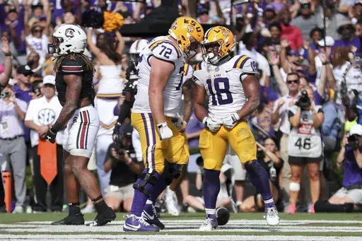 LSU running back Josh Williams (18) celebrates his 2-yard rushing touchdown with offensive lineman Garrett Dellinger (72) during the second half of an NCAA college football game against South Carolina, Saturday, Sept. 14, 2024 in Columbia, S.C. (AP Photo/Artie Walker Jr.)