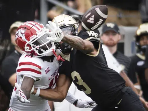 Wake Forest's Capone Blue (3) breaks up a pass intended for Louisiana's Robert Williams (15) in the first half of an NCAA college football game Saturday, Sept. 28, 2024, in Winston-Salem, N.C. (Allison Lee Isley/The Winston-Salem Journal via AP)